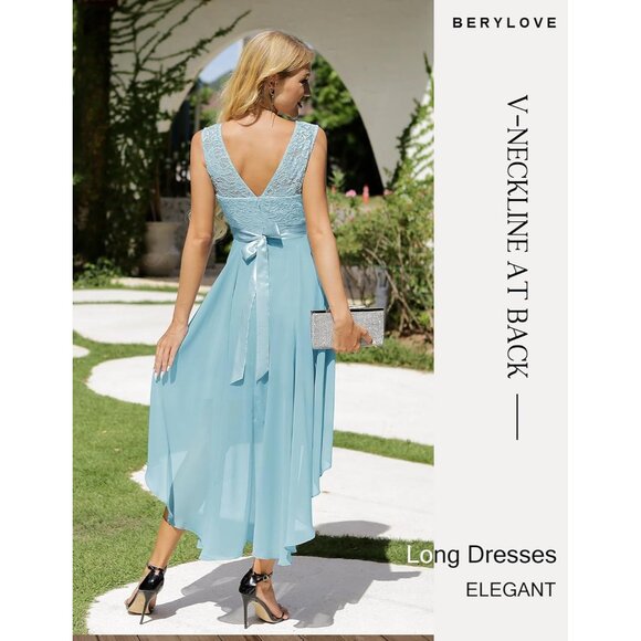 BeryLove Women Light Blue Chiffon Scoop Neck Sleeveless Lace Cocktail Dress - Picture 3 of 7